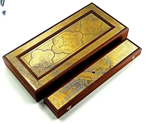 На память: Деревянные нарды «Узор №2» с позолоченной златоустовской гравюрой