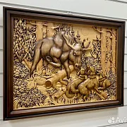 На память: Резная картина «Гон на лося» 60×46 см — фотография 2